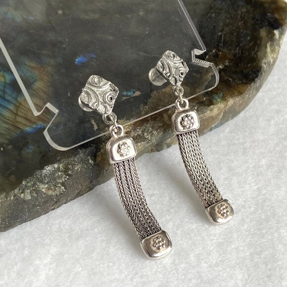 Signed Greek Pipis Sterling Silver 925 Foxtail Chain Dangle Drop Earrings - Picture 14 of 16